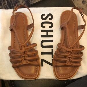 Schutz Tan Leather Knot-Strap Sandals